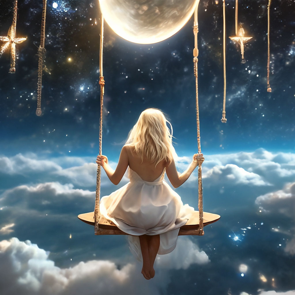 "A blonde girl is sitting on a swing for a month in the sky among the ...