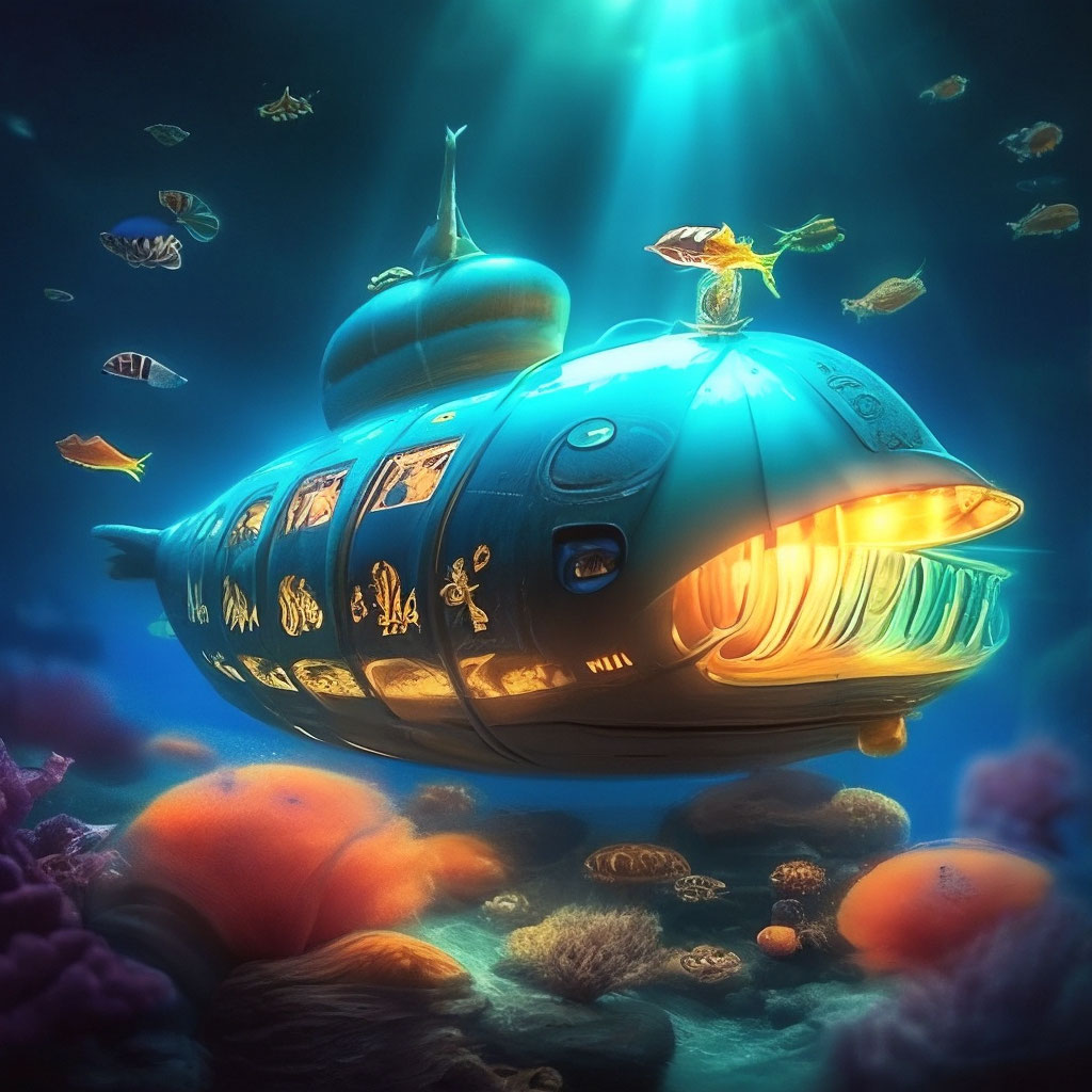 "Nautilus submarine in the depths of the ocean, bright glowing fish ...