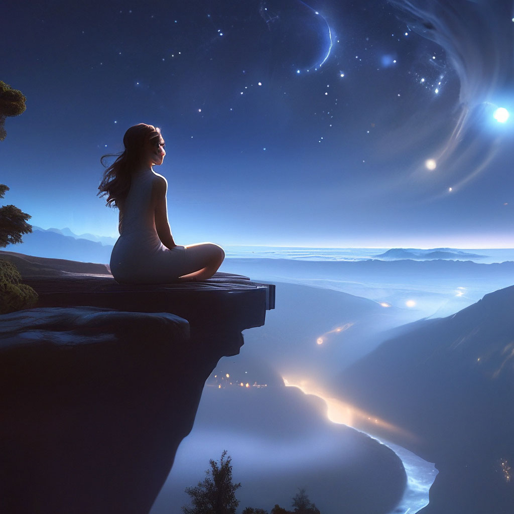 "The girl is sitting on the very edge of a high cliff in a relaxed pose ...