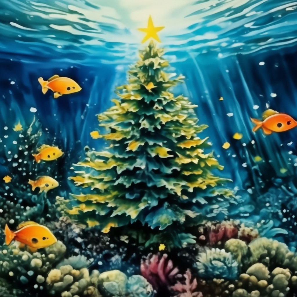 "Watercolor drawing of a Christmas tree in the sea under water, fish ...