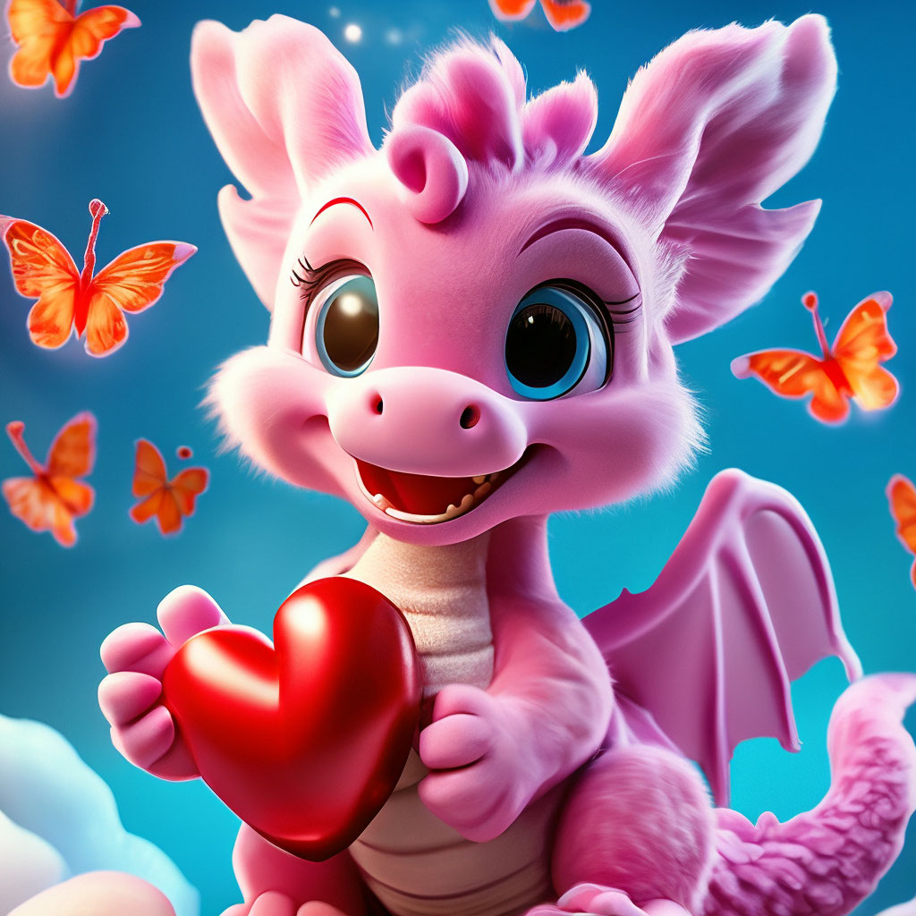 "Cute pink fluffy fur dragon smiling sits on a soft fluffy cloud, holds ...