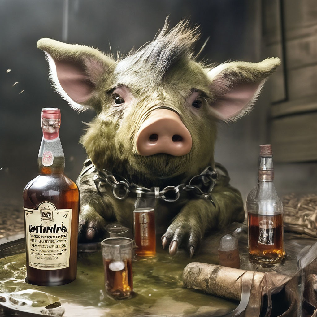 Piggy... A boar with a punk-style mohawk in chains is all dirty mud ...