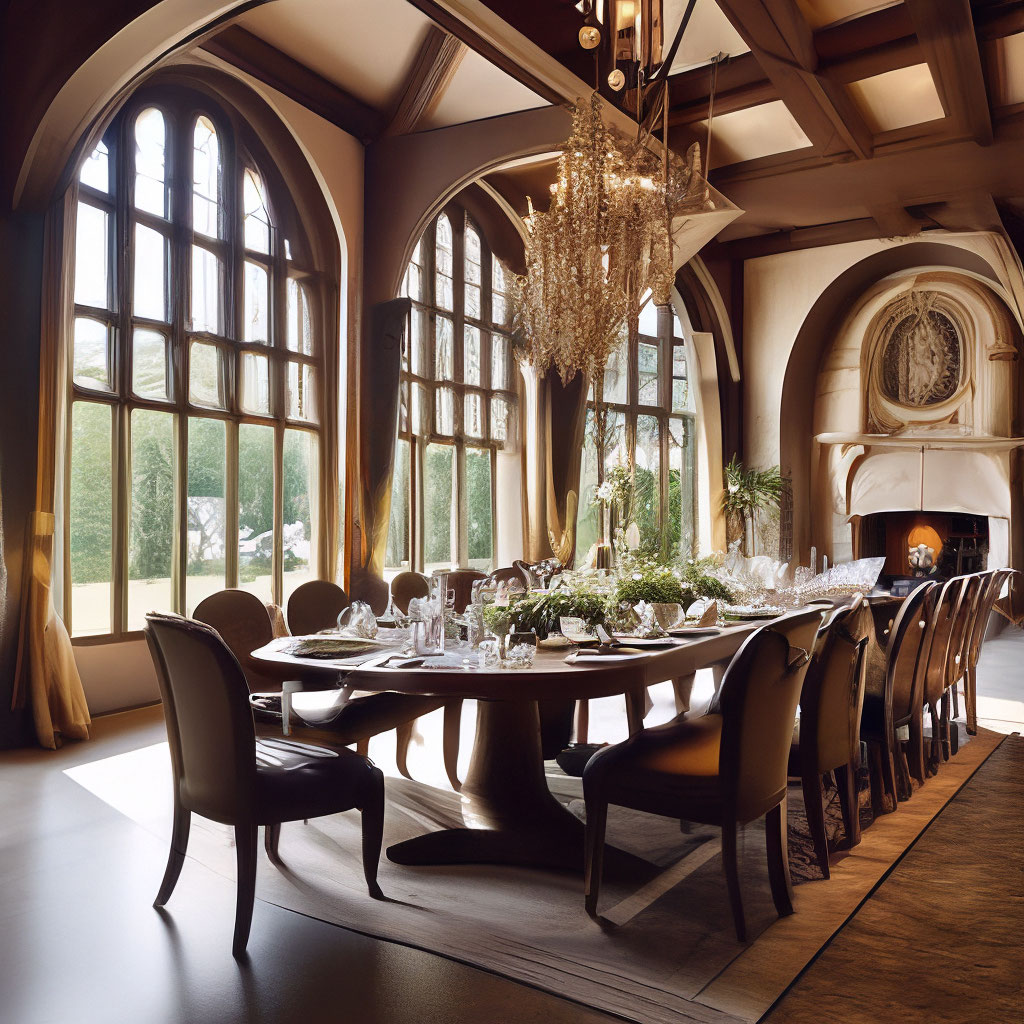 "Luxurious medieval dining room, wide, high, rounded windows, high ...