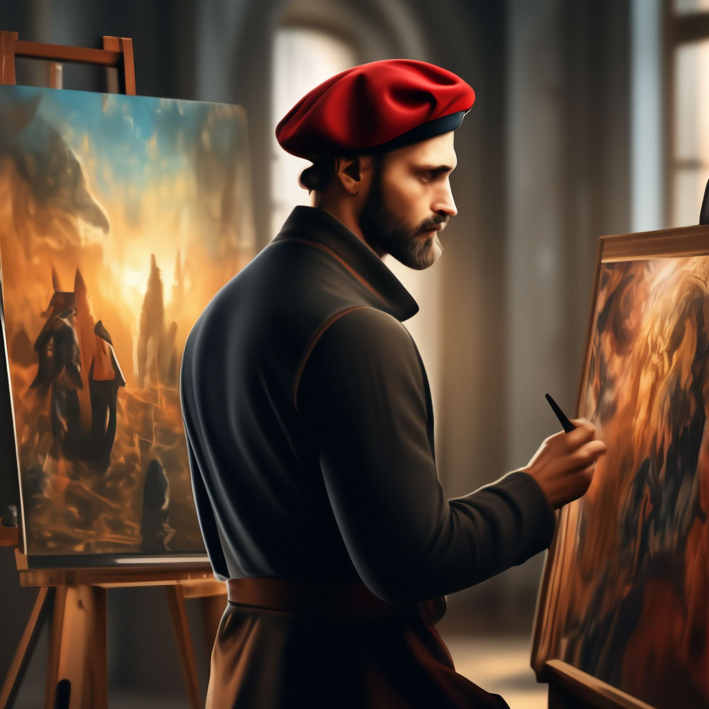 "A sophisticated artist in a beret stands at the canvas and paints a ...