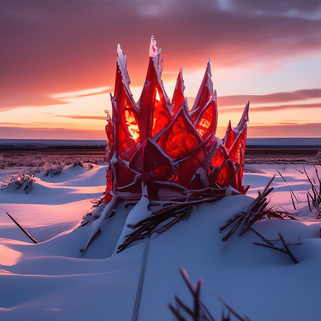 "A jagged Gothic crown of scarlet ice lies alone on the snow in the ...