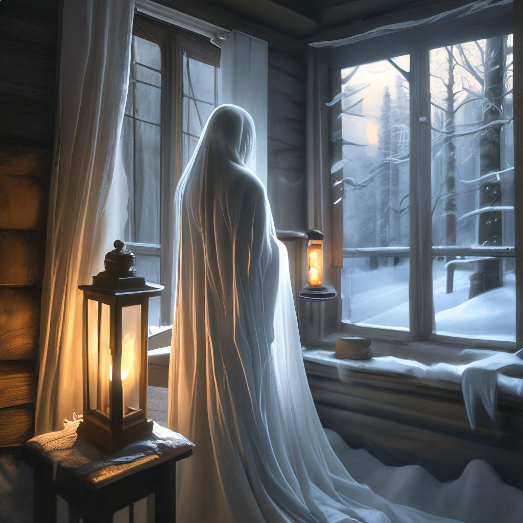 "In the room of an abandoned village house at the open window with a ...