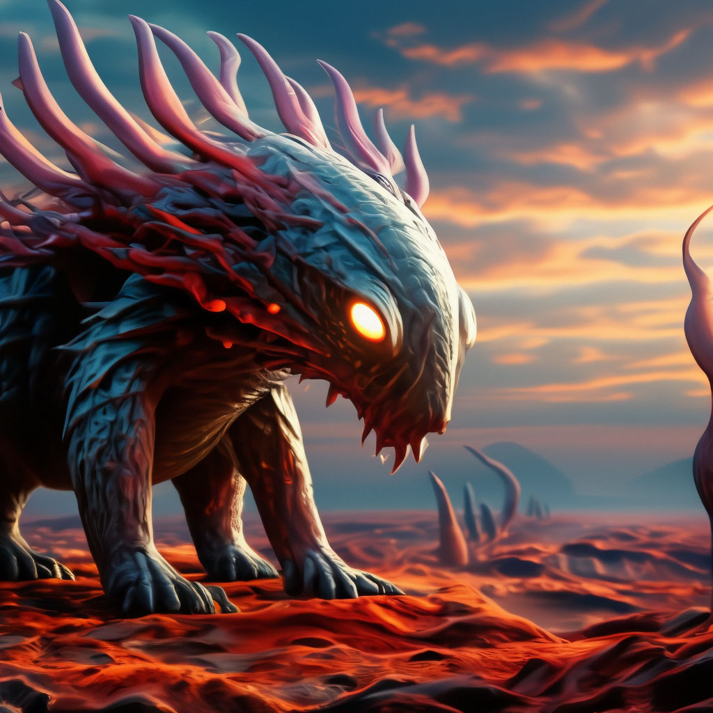 "An incomprehensible creature stands in the nature of an alien planet ...