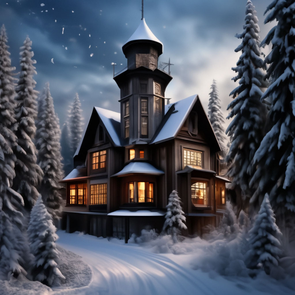 "A snow-covered two-storey house with a tower in the middle of a fir ...