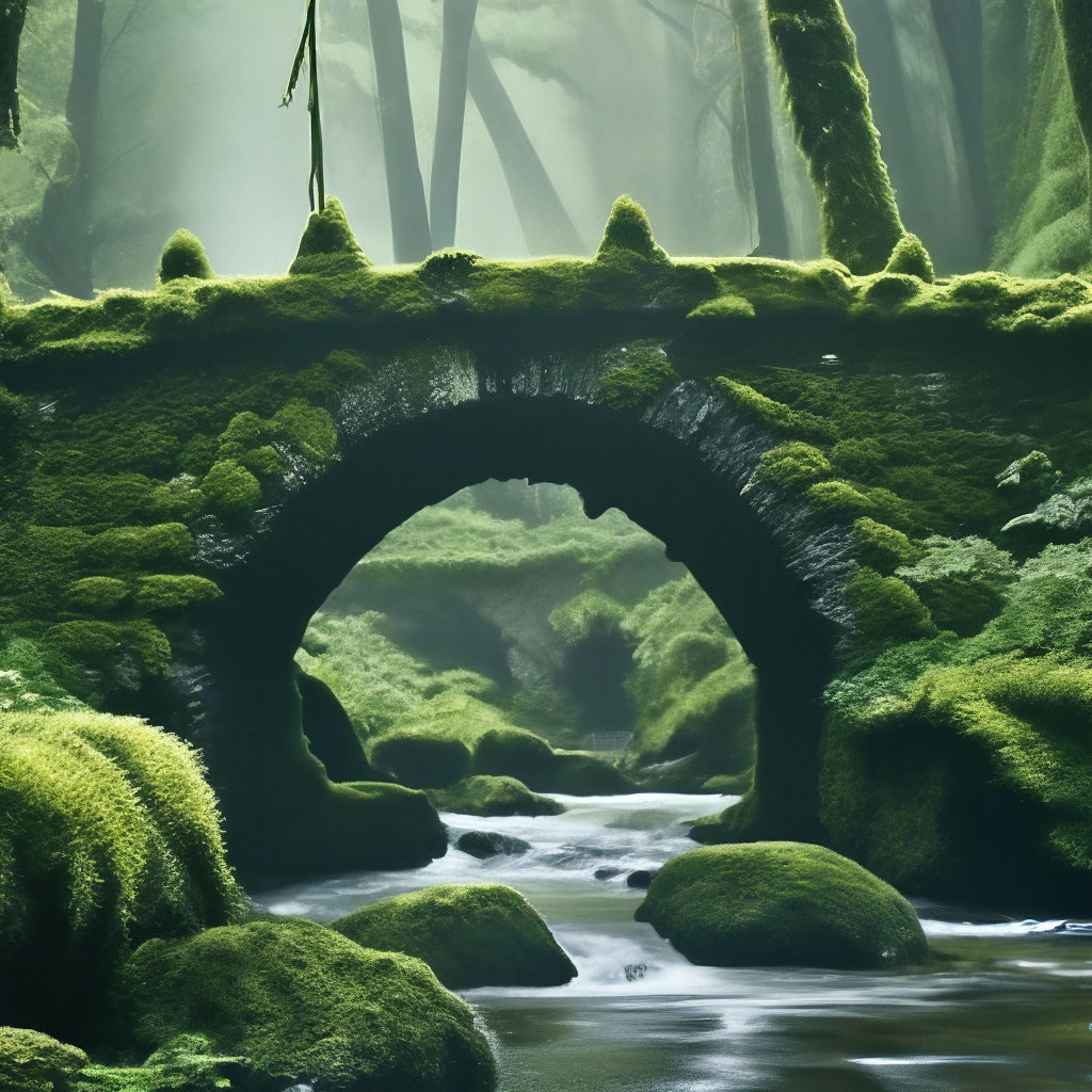 "Ancient, moss-covered stone bridge over a quiet stream surrounded by ...