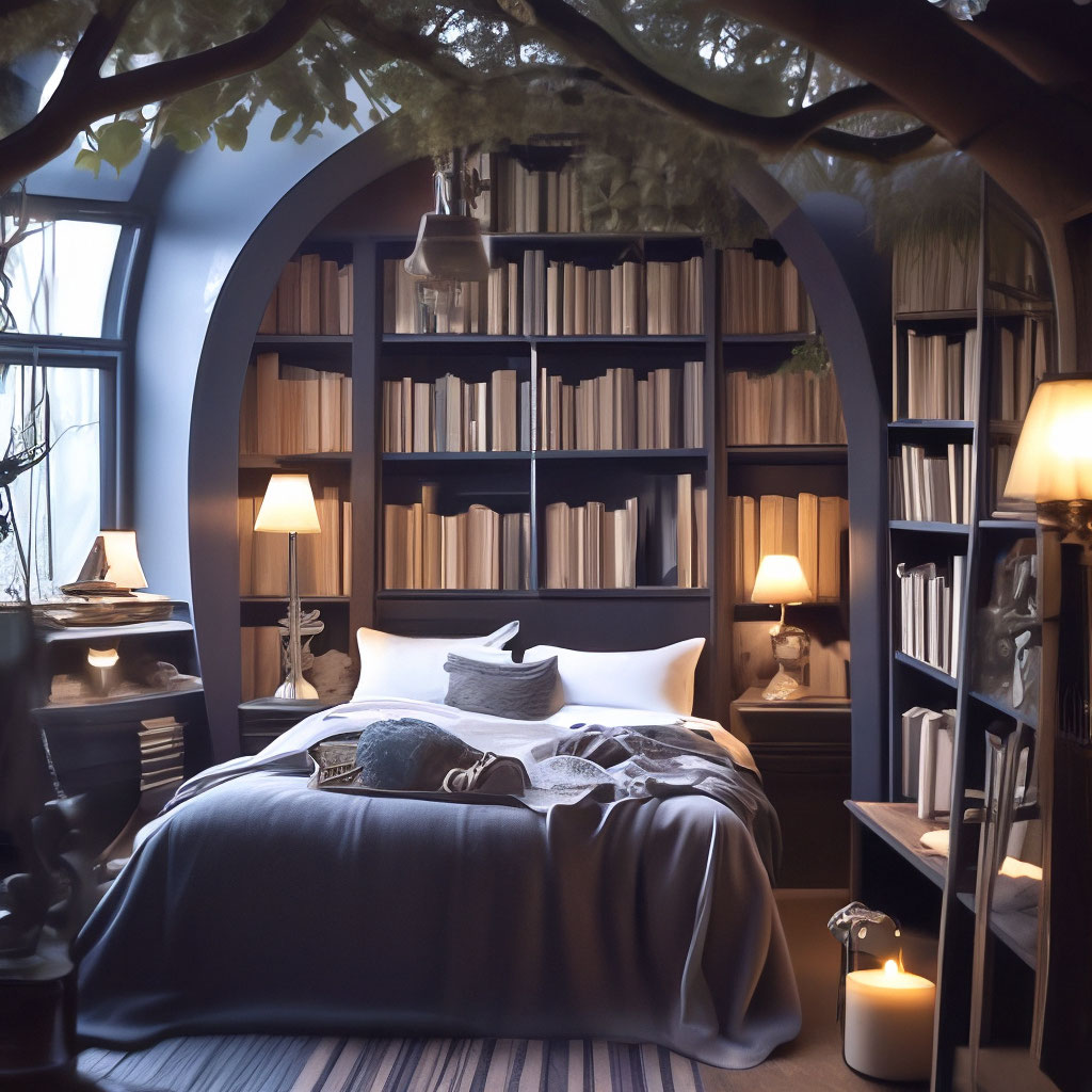 "A fabulous cozy bedroom inside a large tree. A bed, bookshelves, lots ...
