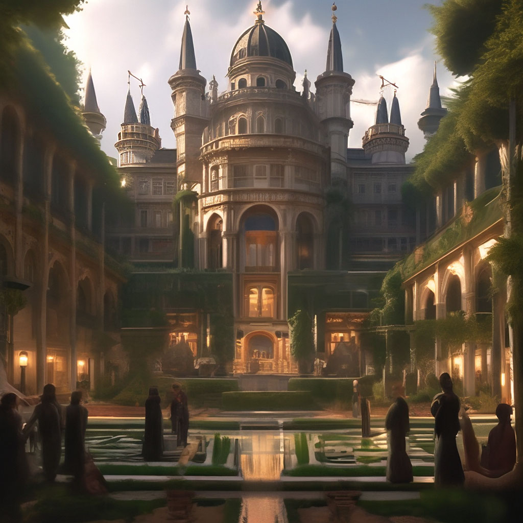 "Italian palace with people and garden" — image created in Shedevrum
