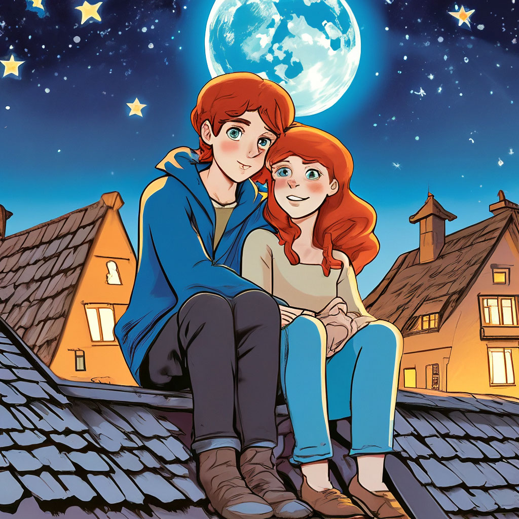 "Night, roofs of houses, a boy and a girl are sitting on one of the ...