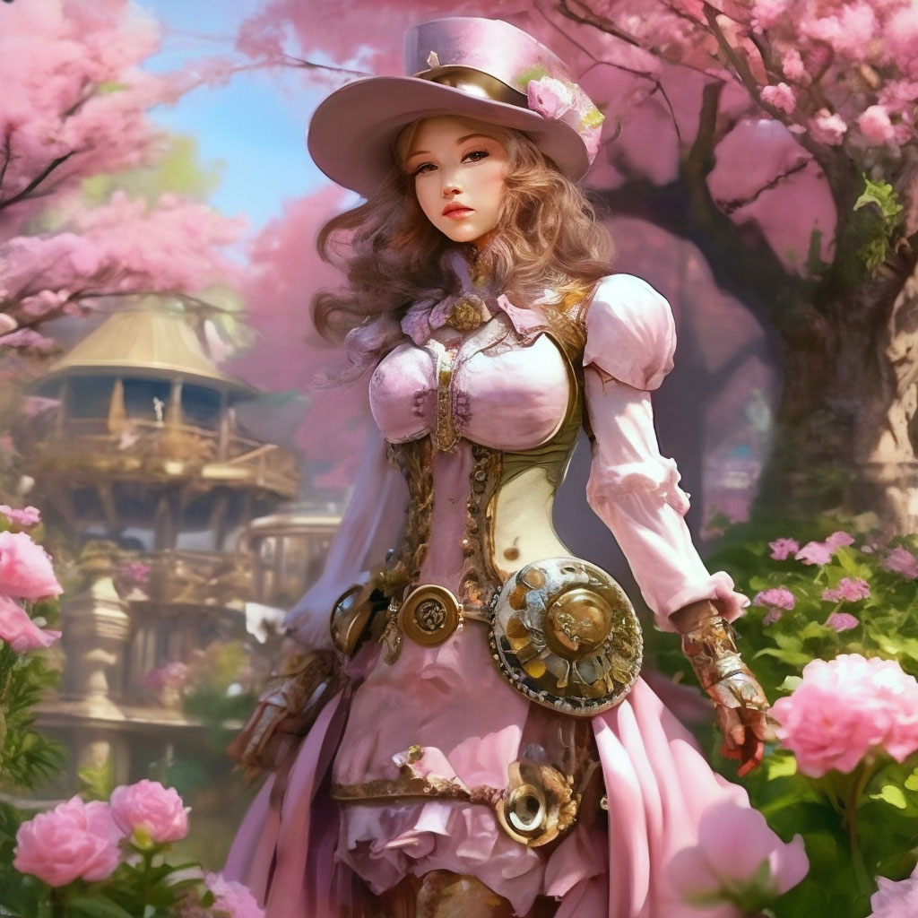 "Steampunk, pink, steampunk girl in a picturesque garden with blooming ...