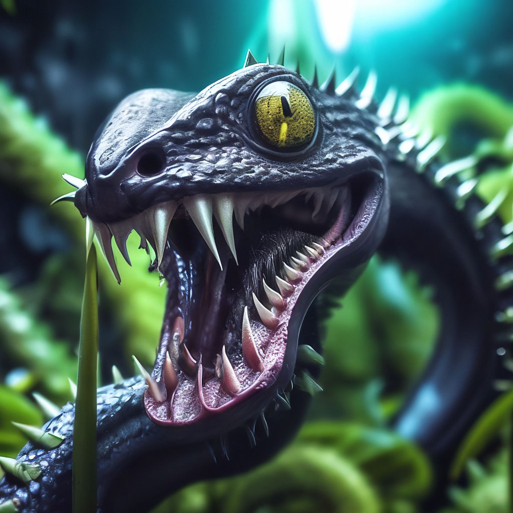 "Realistic, detailed, alien carnivorous plant black snake, sharp teeth ...
