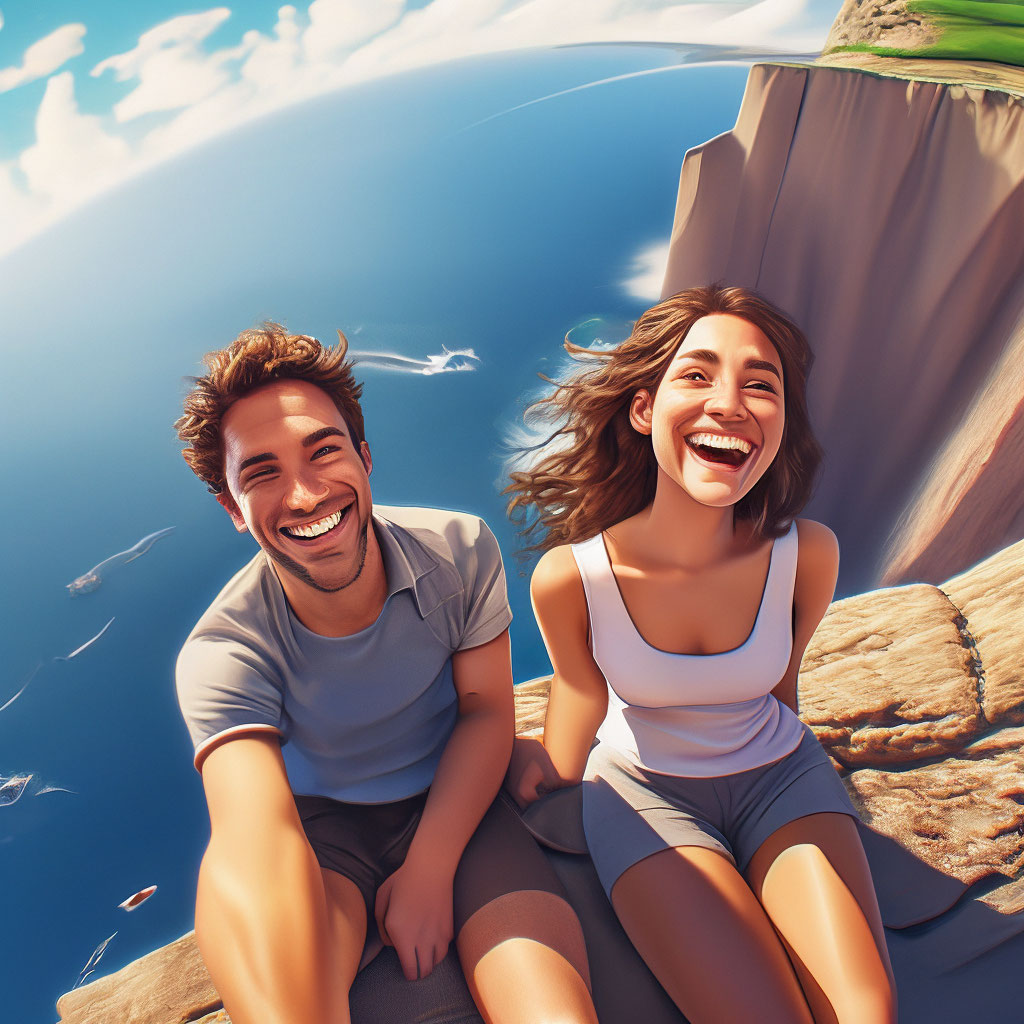"Man and woman smiling, sitting on the edge of a cliff, close-up, day ...