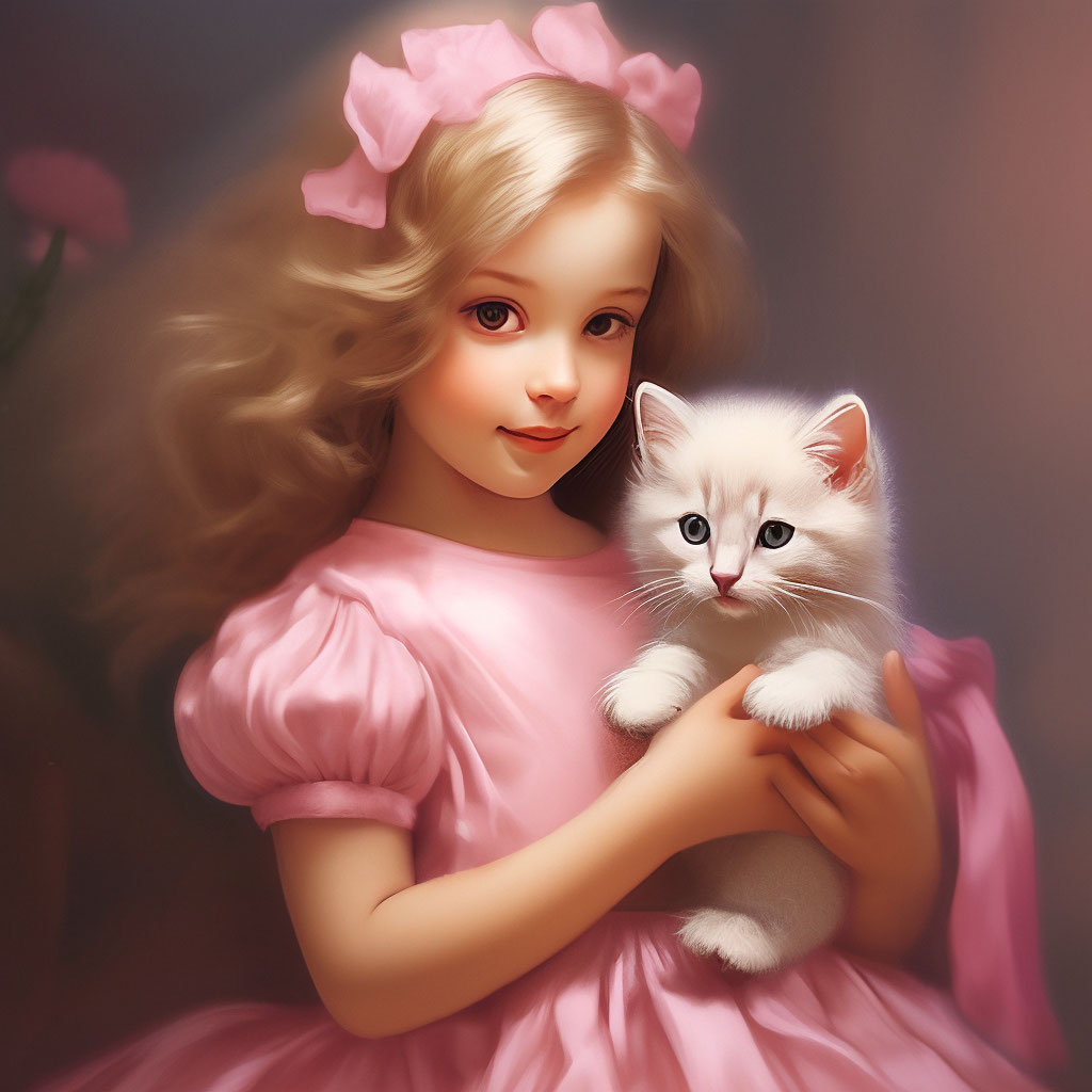 "A girl in a pink dress holds a kitten in her hands." — image created ...