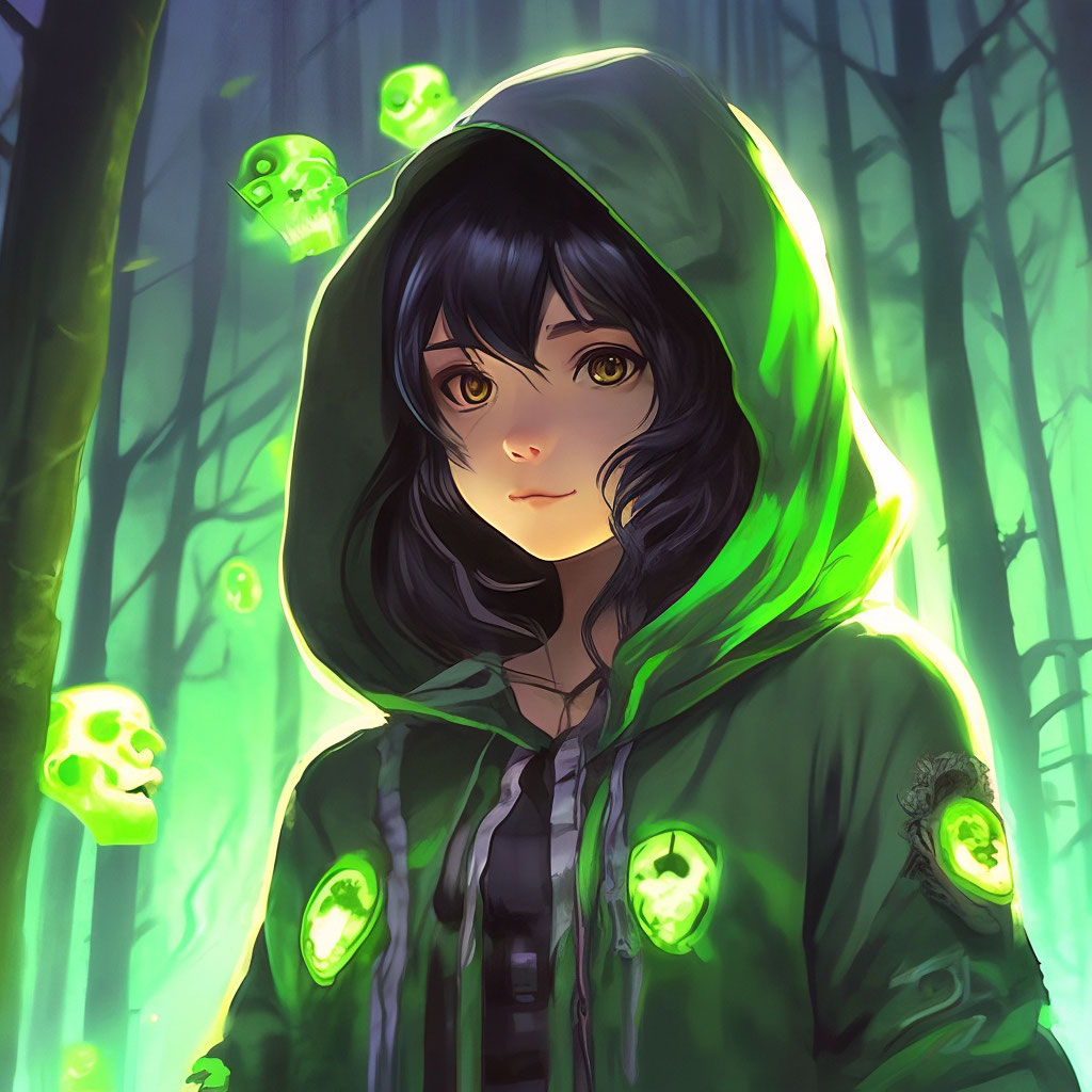 Anime girl in a green hoodie with a image created in Shedevrum