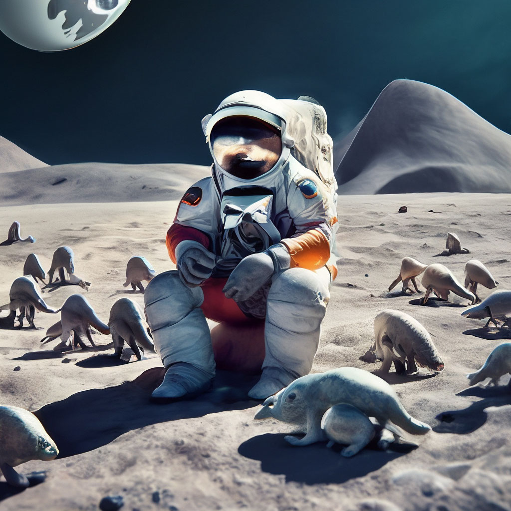 "The image features a space suit-clad astronaut sitting on the moon ...