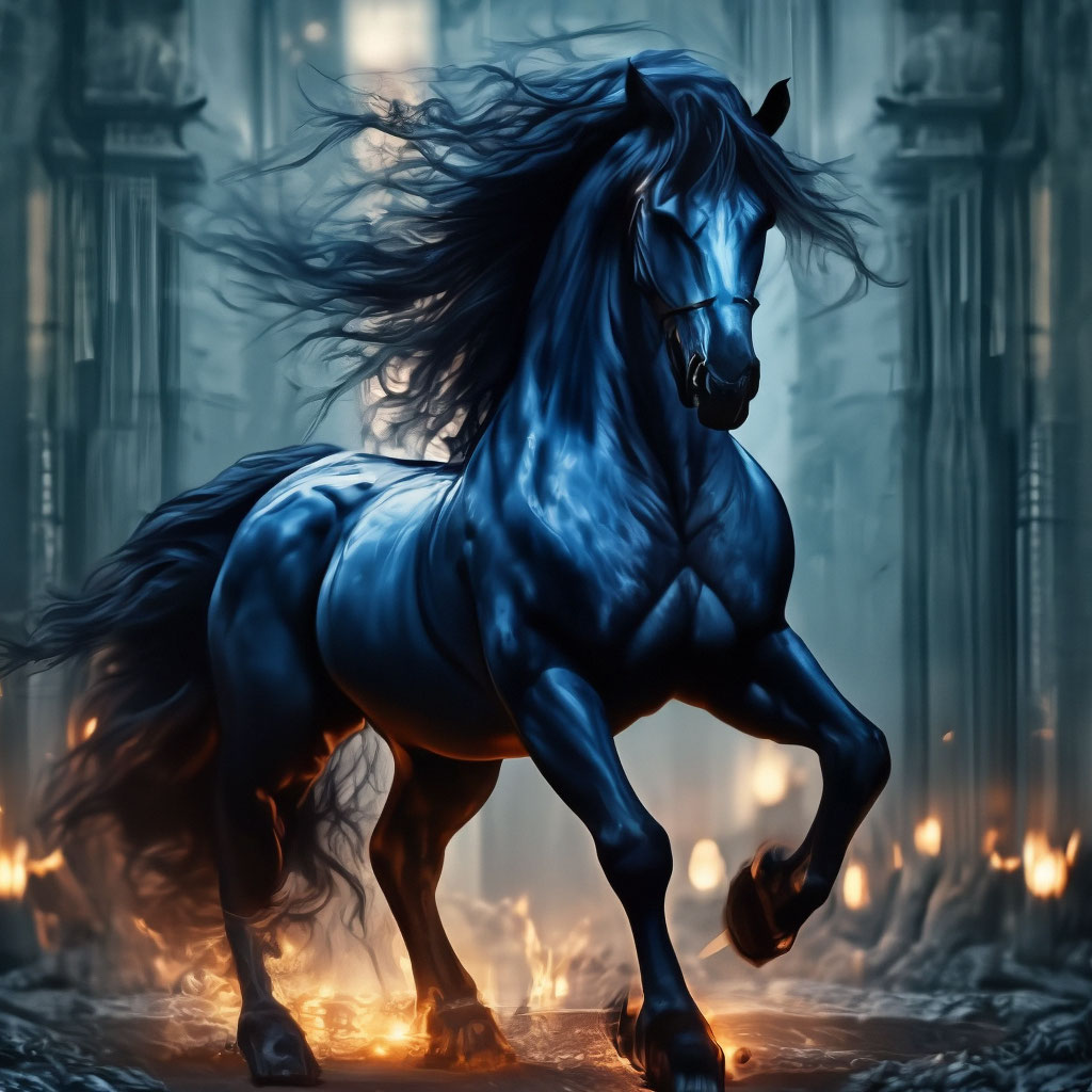 "An evil huge dark blue magic horse, standing on its hind legs with its ...