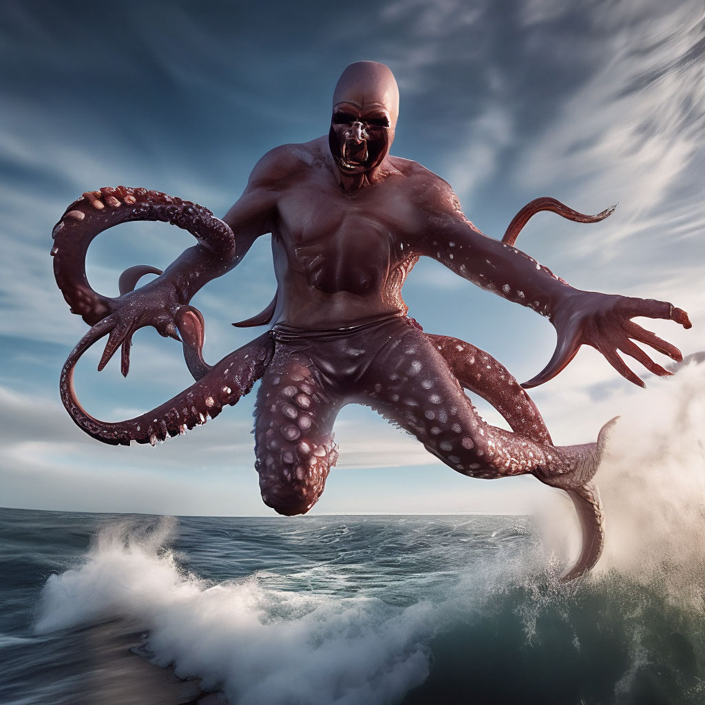 "Octopus man jumps out of the sea" — image created in Shedevrum
