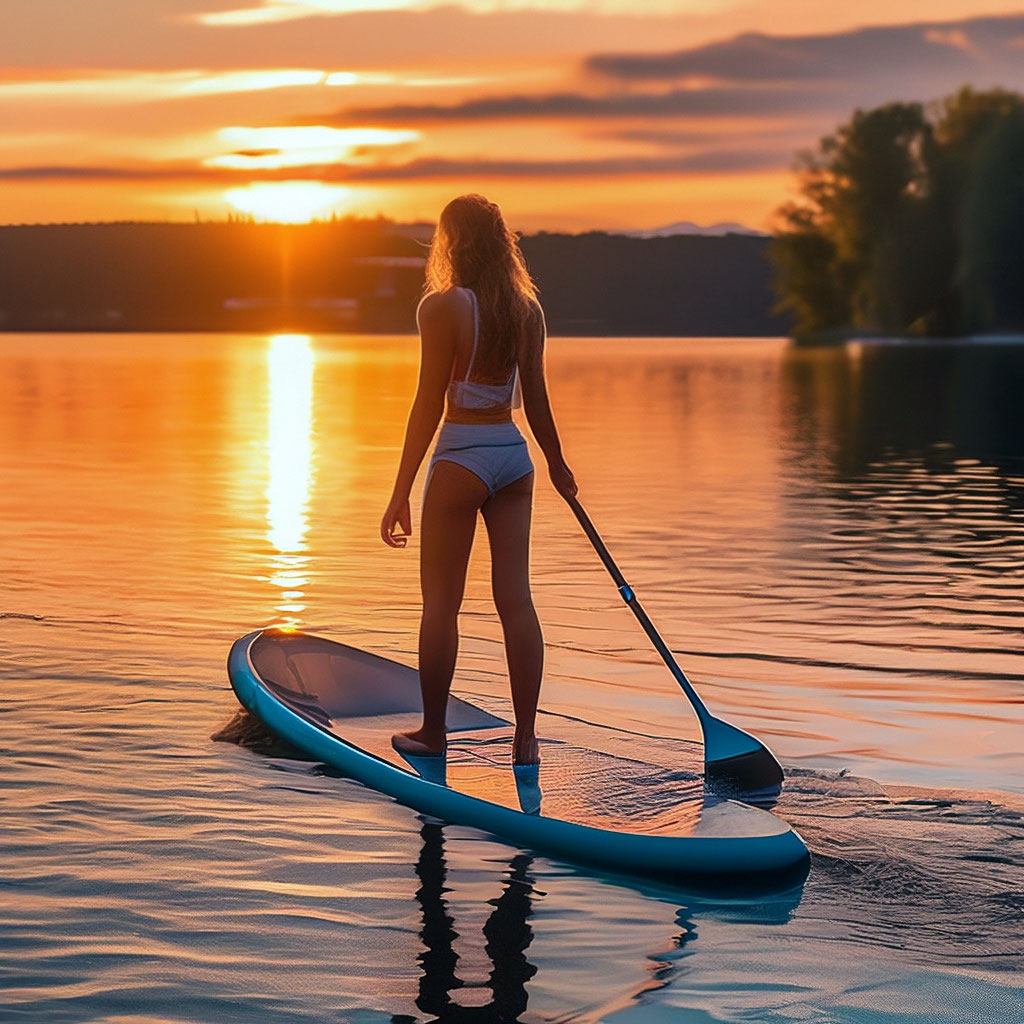 Закат, девушка на sup-board, озеро…» — создано в Шедевруме