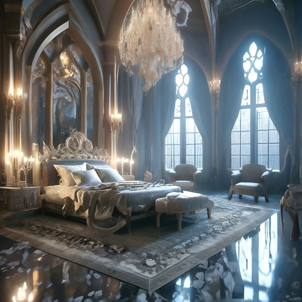 "Bedroom gothic interior of the fantasy palace haze, crystals, crystal ...