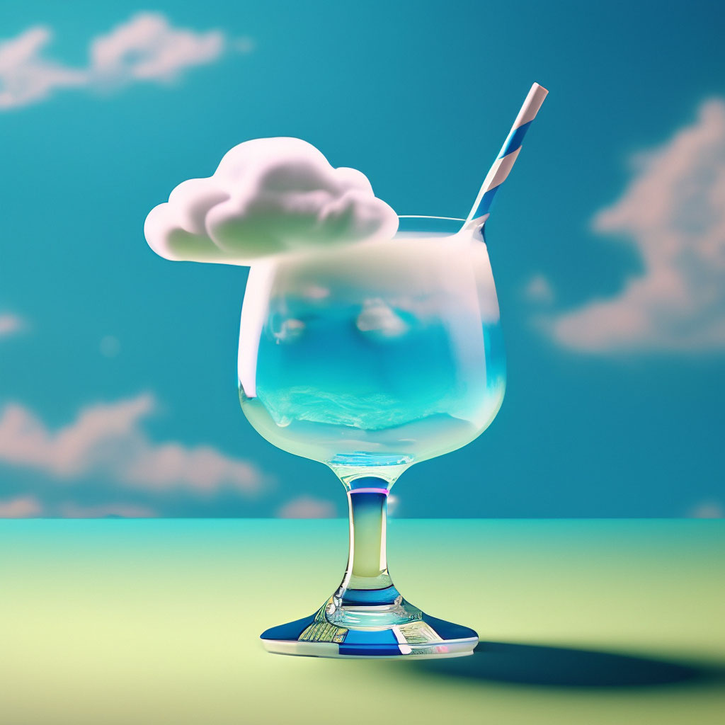 "Minimalism Grotesque sunny day blue background a cloud in a glass in a ...