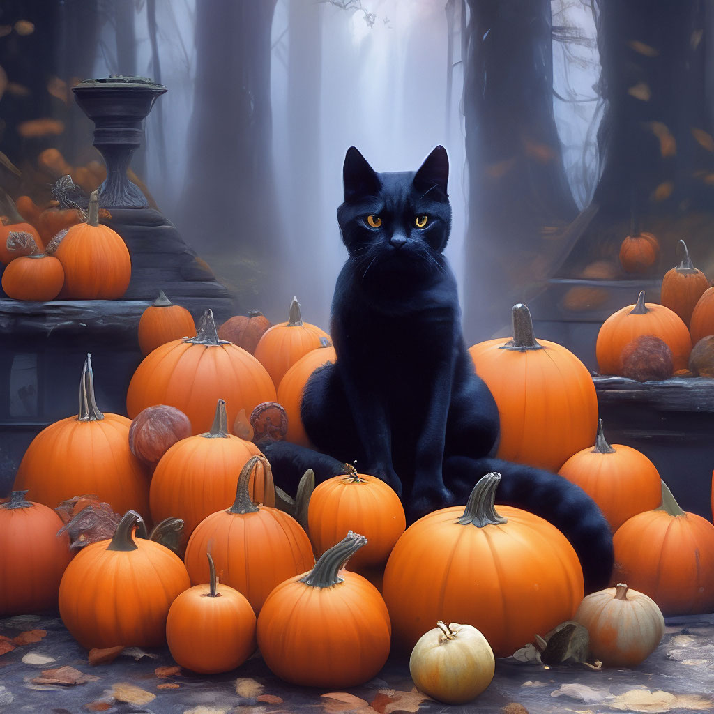 "Black cat sitting next to a bunch of pumpkins, picture, digital ...
