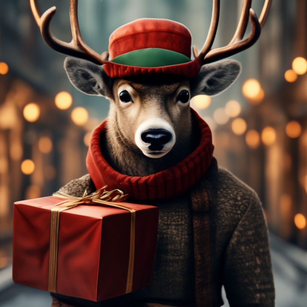 "A deer in a hat with deer carries gifts for the New Year" — image ...