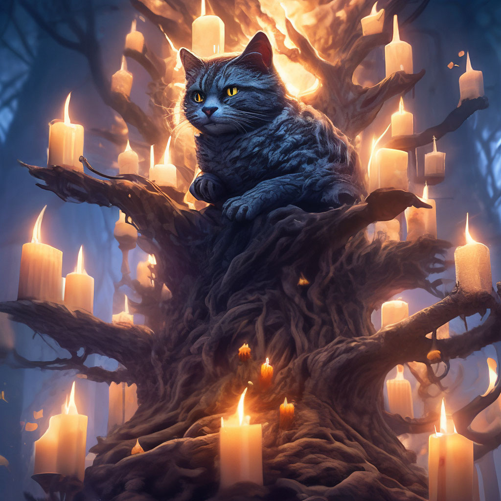 "Cat on an epic gloomy tree in the shape of a seven-branched candle ...