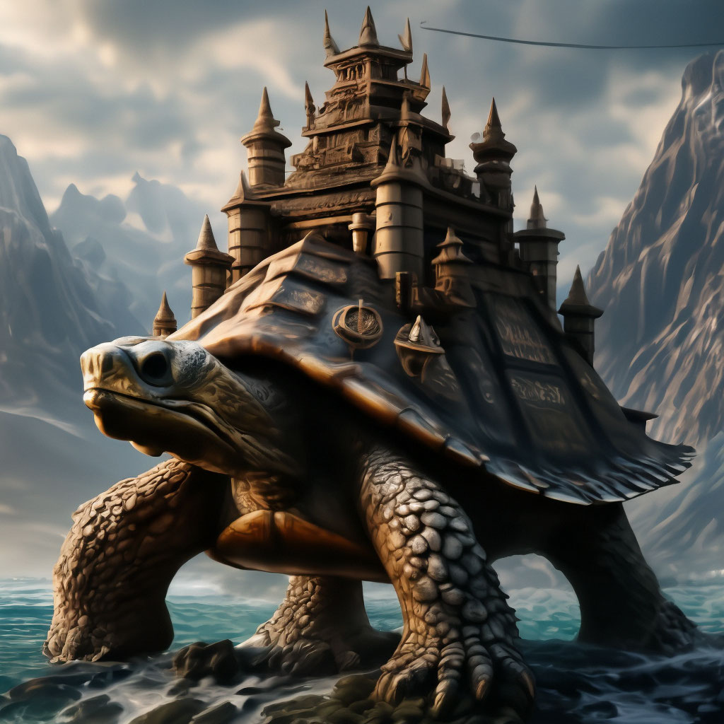 "A turtle with a tower of archers on its shell" — image created in ...