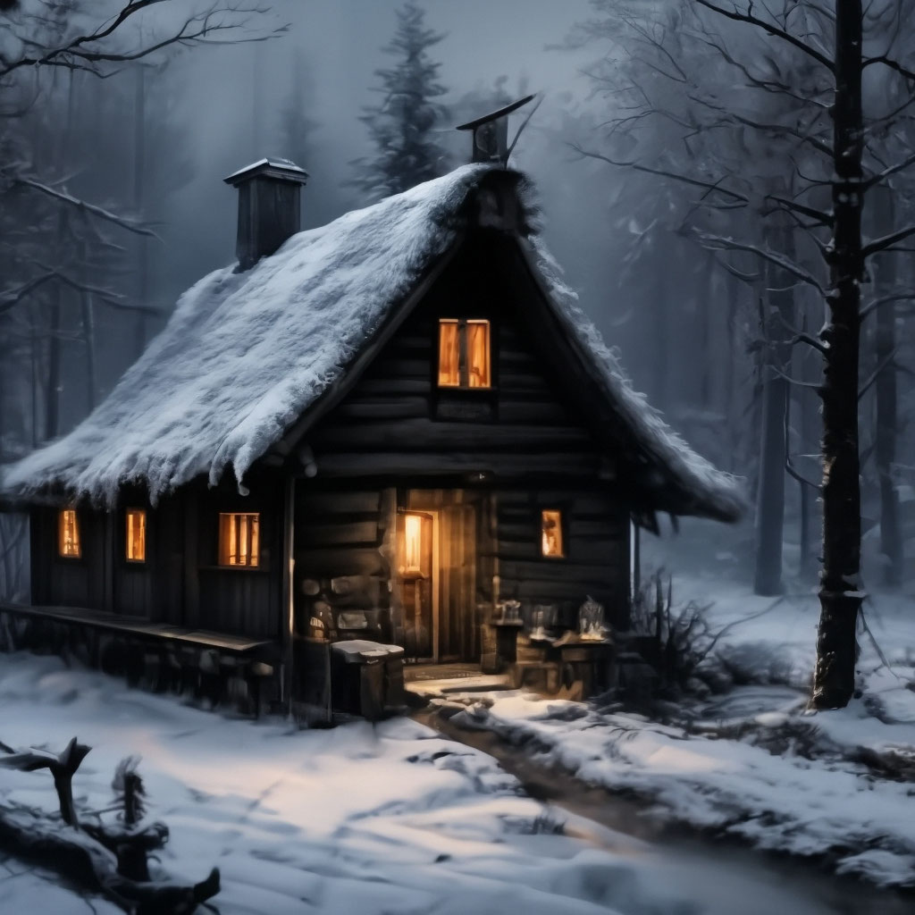 "Winter lived in a hut at the edge of the forest" — image created in ...