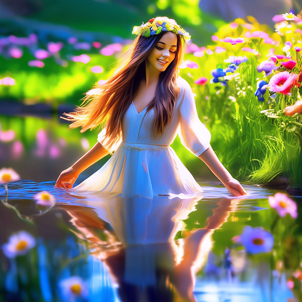 "The river on both banks of green hills, beautiful flowers, in the ...