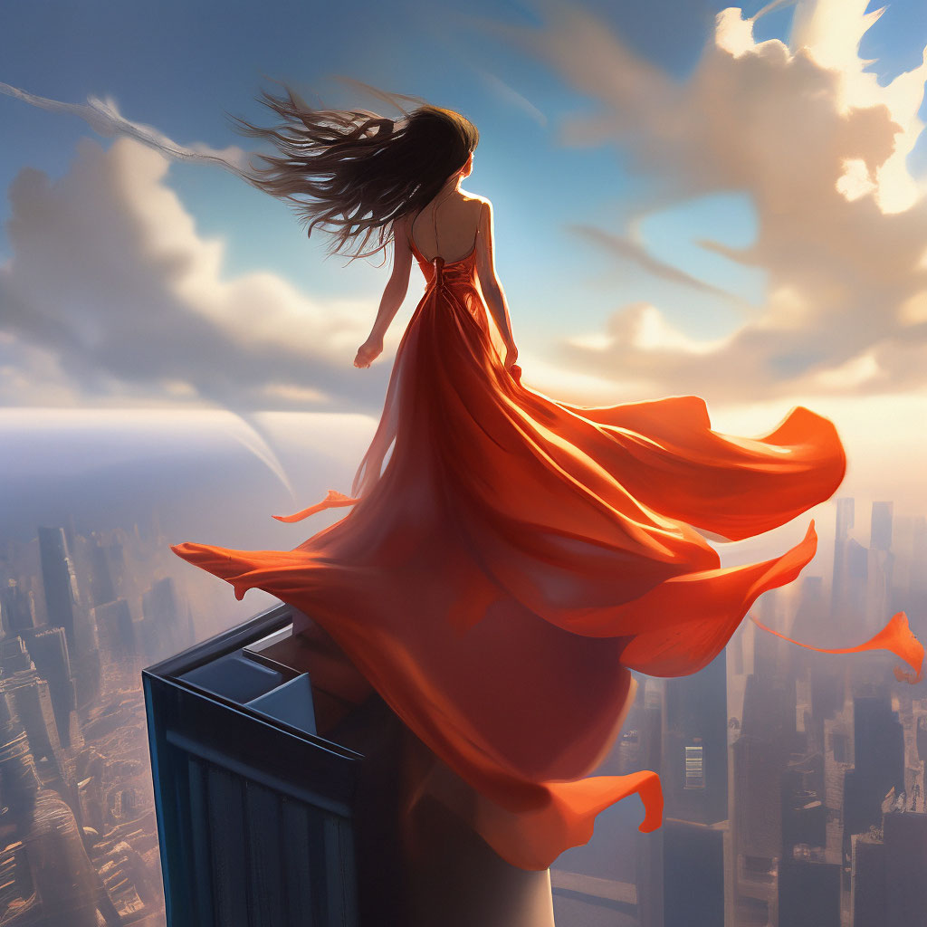 "A woman stands on the very edge of a skyscraper, the wind ruffles her ...