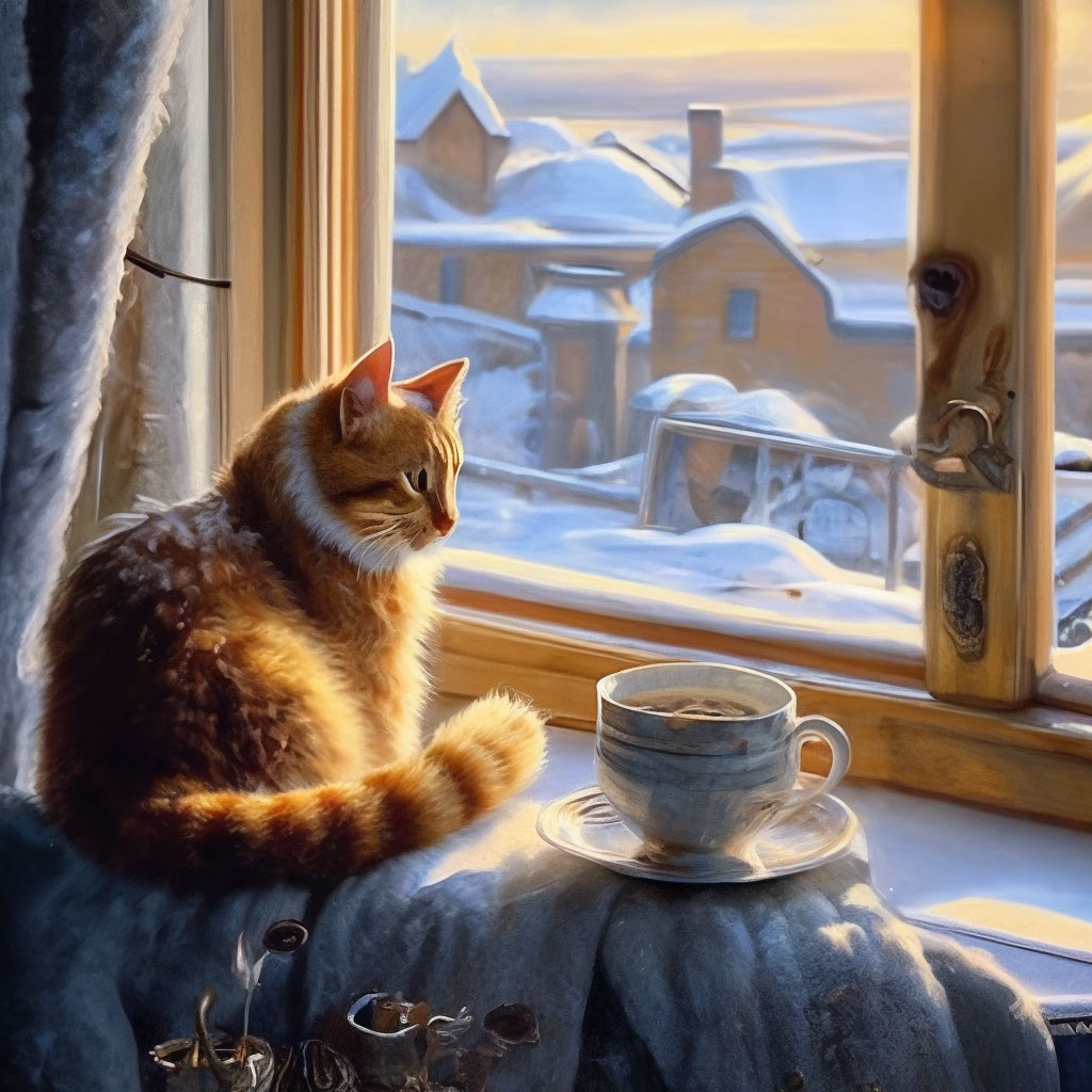 "In the house on the windowsill there is a cat sitting next to a ...