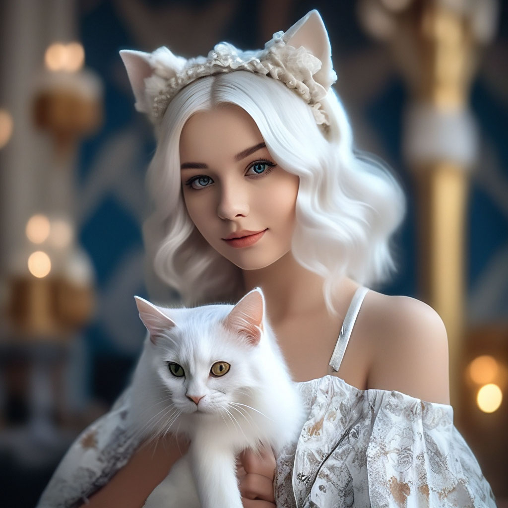 "A beautiful girl in the form of a cat white ears white hair beautiful ...