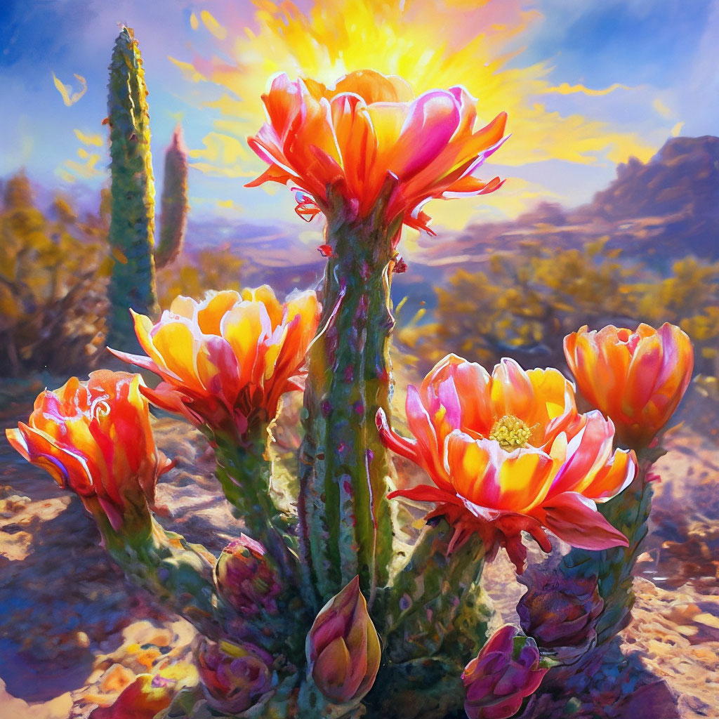 "Dried desert, bright sun, carnegie cactus in bloom, dynamically ...