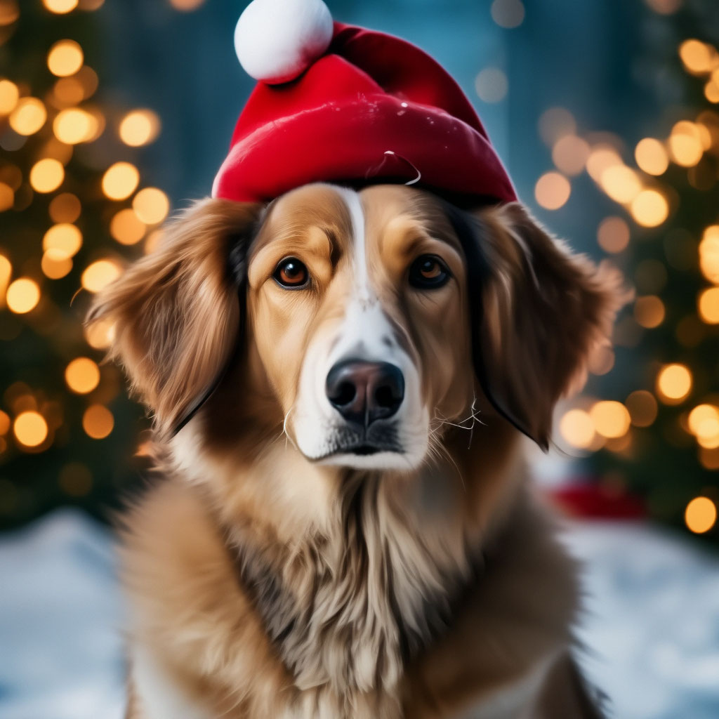 "A dog sits in the snow in a Santa Claus New Year's hat official photo ...