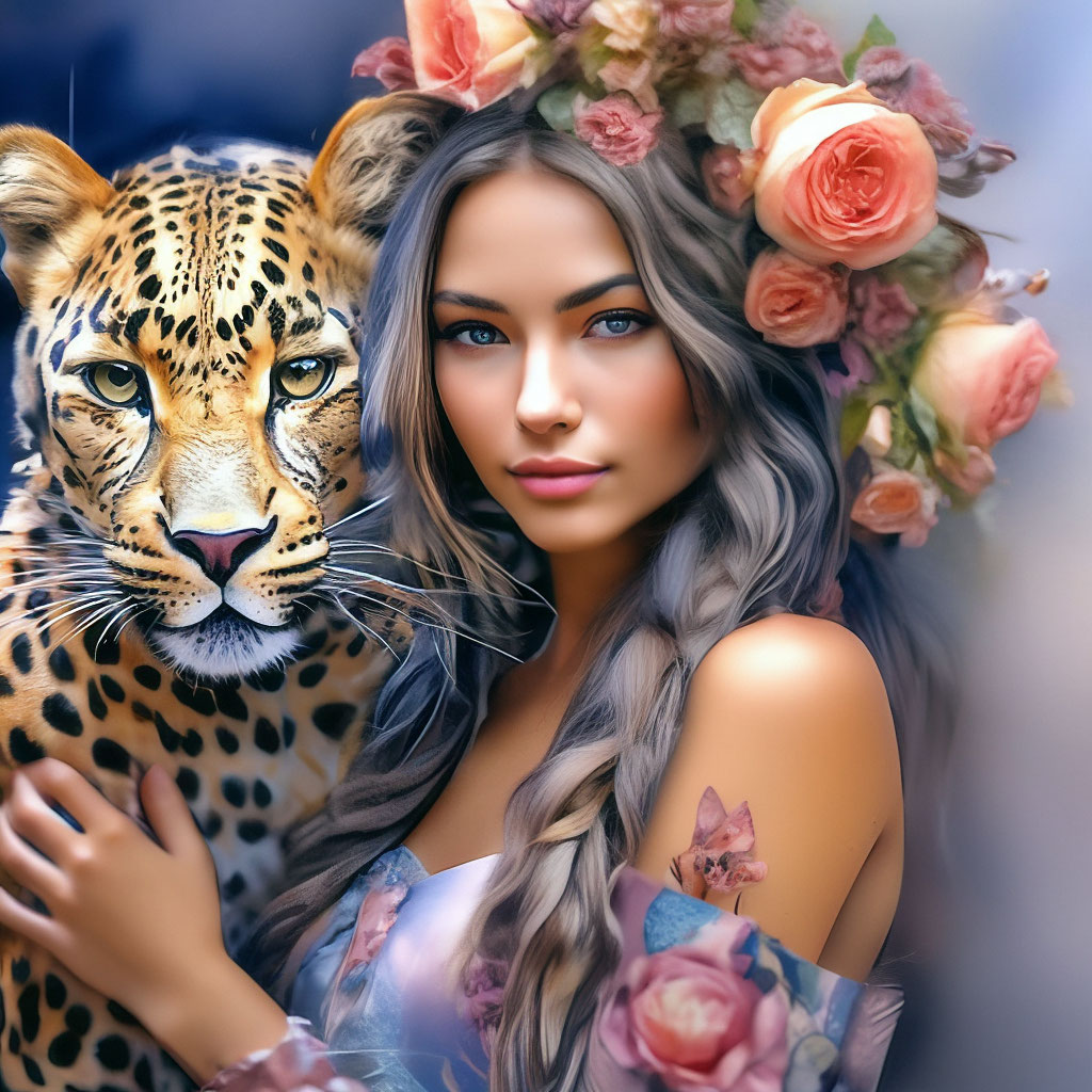 "Beautiful girl+ leopard+roses , watercolor drawing, photo portrait ...