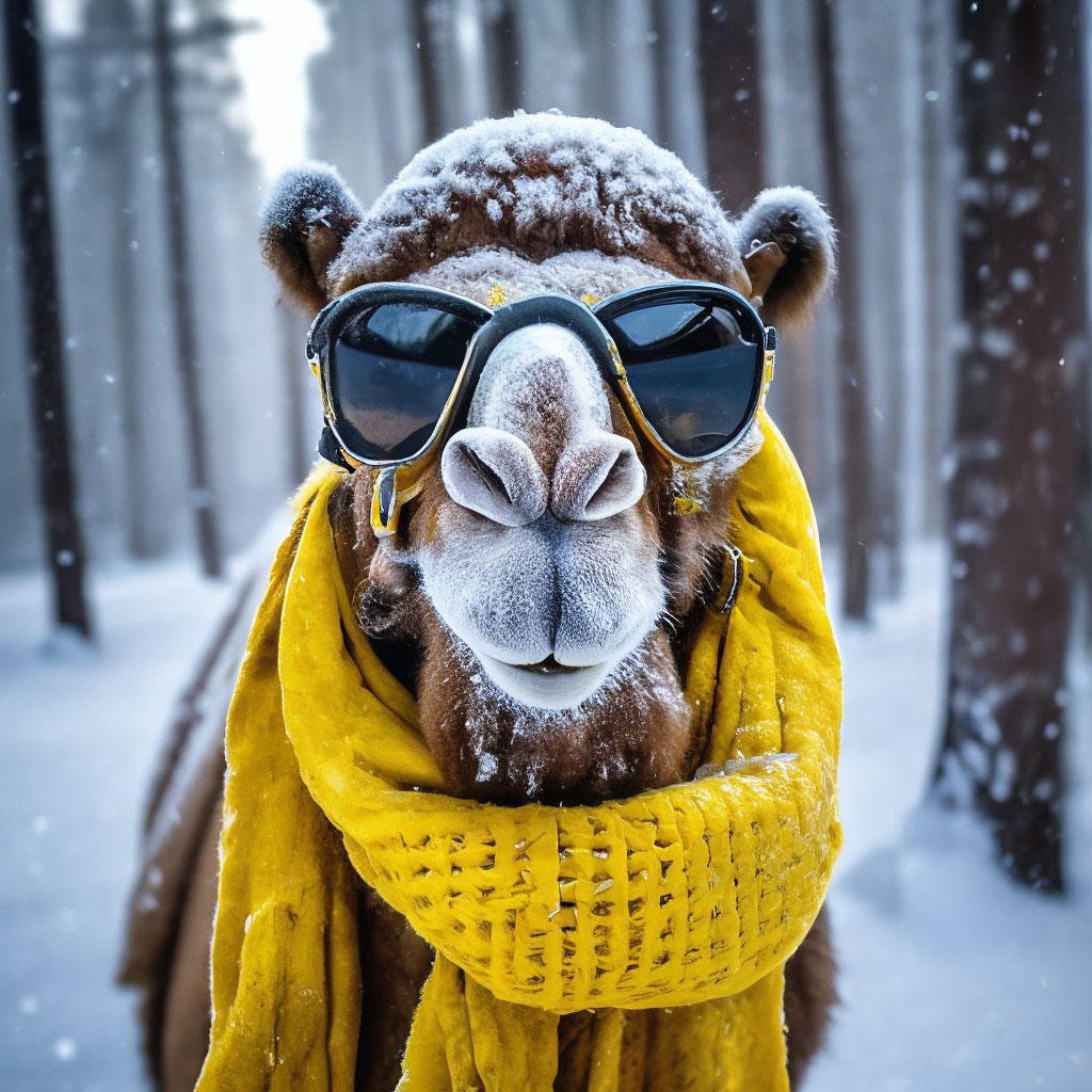Криповой, смешной верблюд,с желтым шарфом, в очках, замерз в зимнем лесу, сильно дует ветер и идет снег, морозно, идет пар изо рта,мелкие детали, …