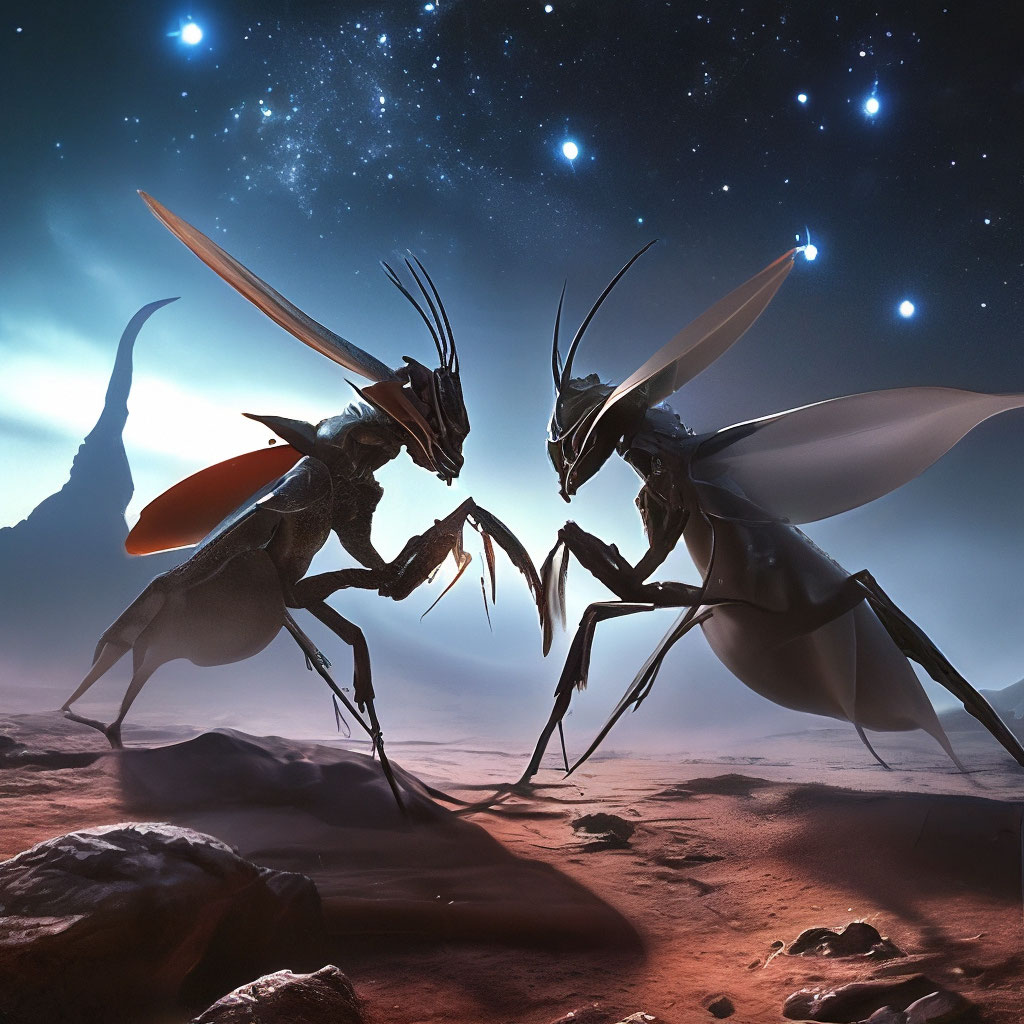 Predatory fighting mantises on Mars, stars, night