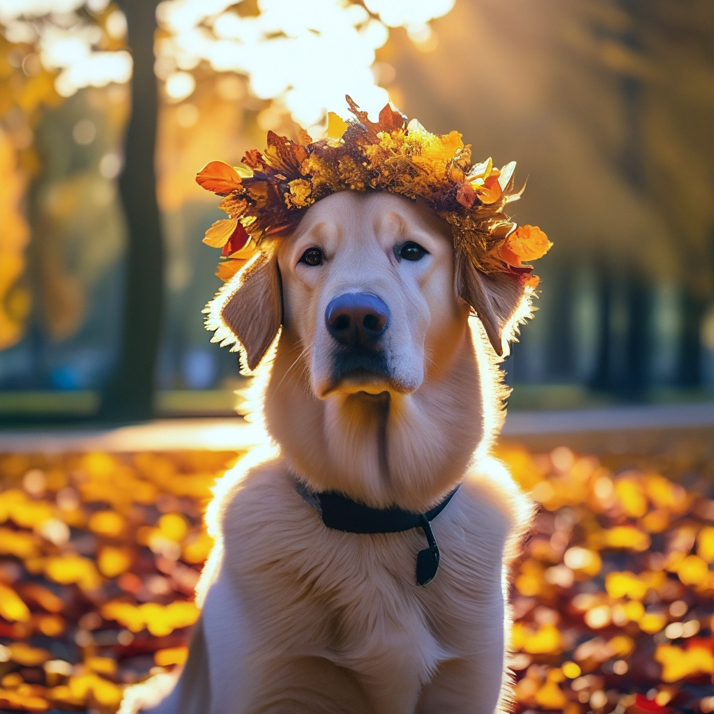 "A dog with a wreath of leaves on his head in an autumn park" — image ...