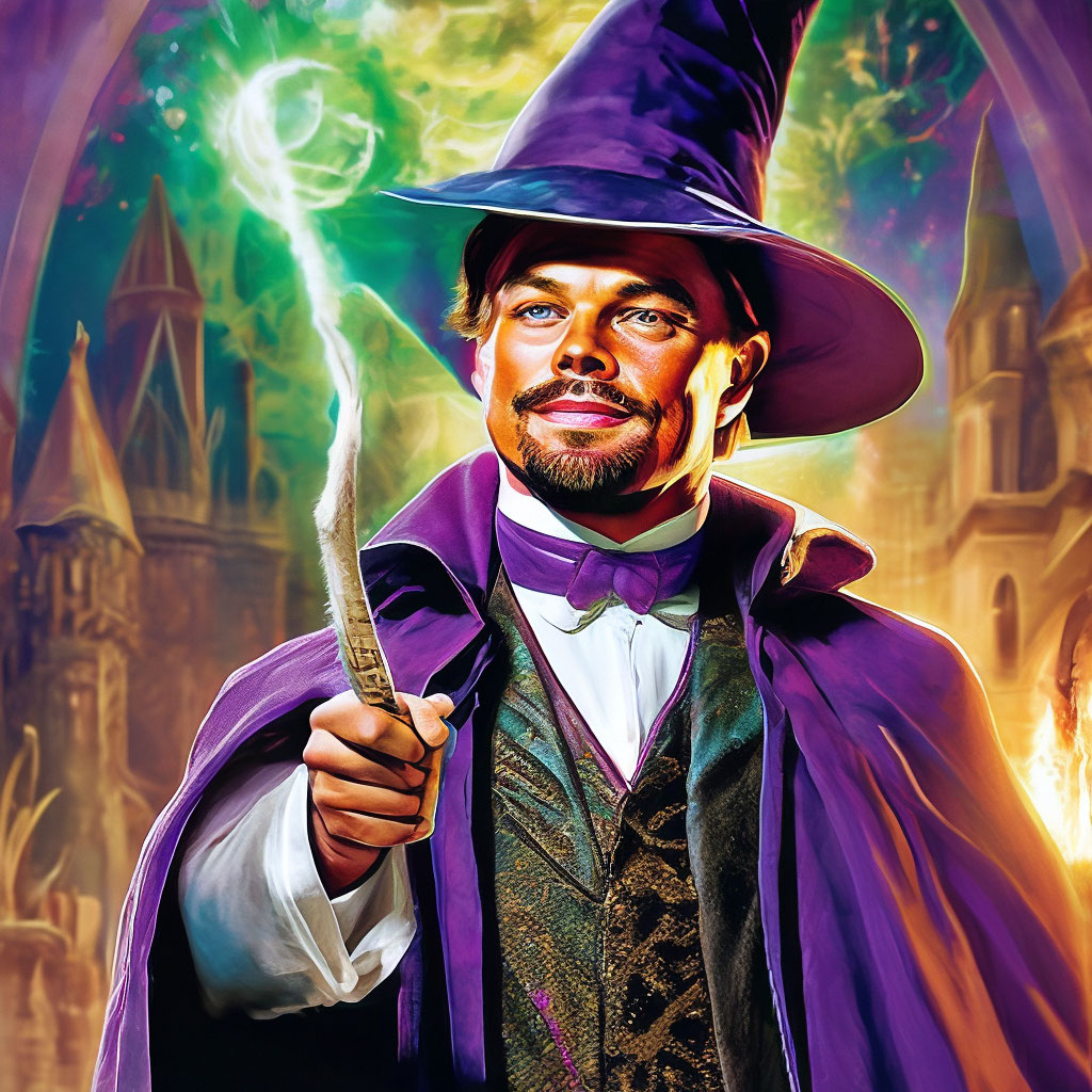 "DiCaprio as the good wizard saves the world" — image created in Shedevrum