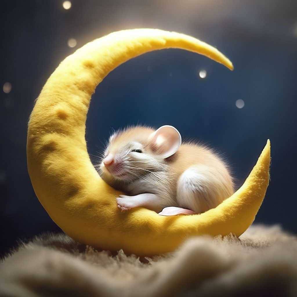 "Big huge yellow crescent moon, cute little tiny mouse sleeping on the ...