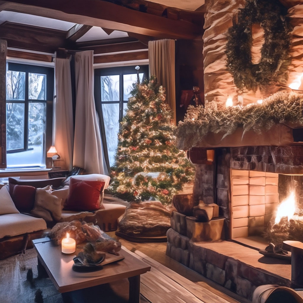 "Beautiful cottage inside there is a Christmas tree, beautiful, brick ...
