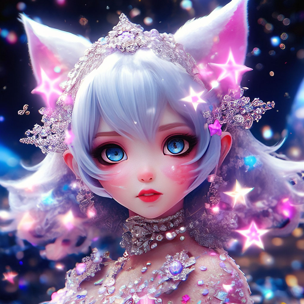 "Surrealism, cute anime cat girl, consists of fractals, fairy elf ...