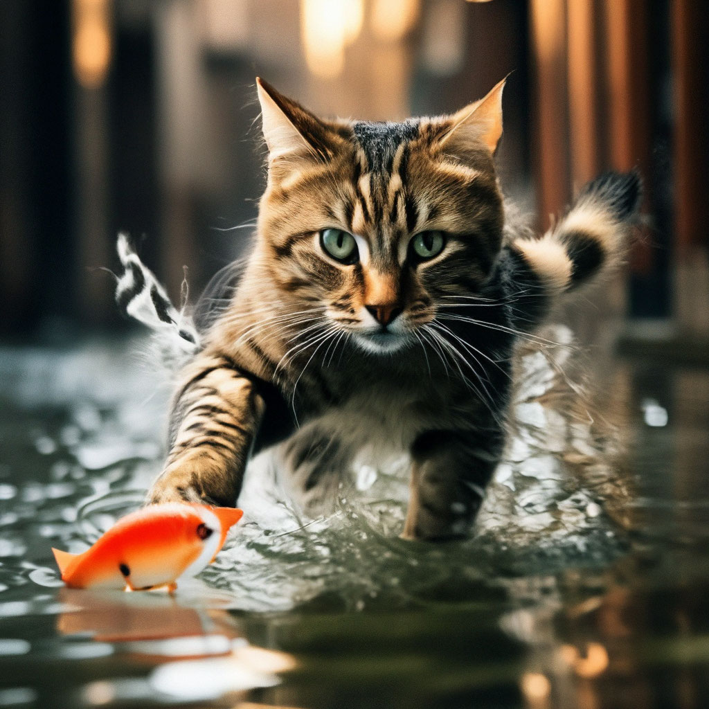 "The cat stole the fish and runs away" — image created in Shedevrum
