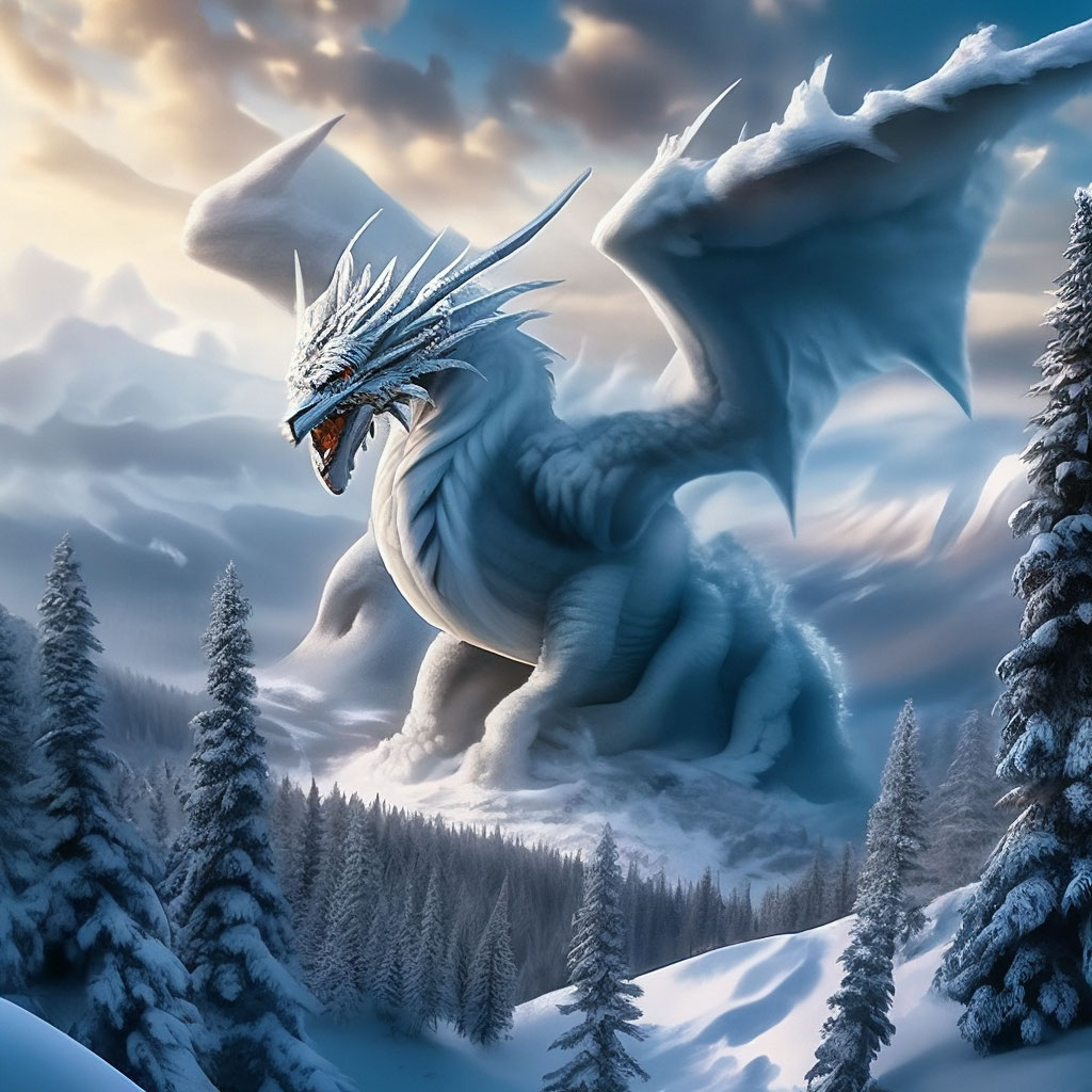 "A huge ice dragon in the sky above a snowy forest in the mountains ...
