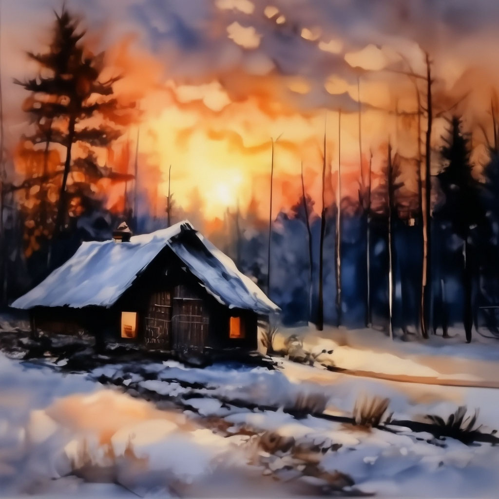 "A hut on the outskirts Watercolor, a lonely hut stands in the middle ...