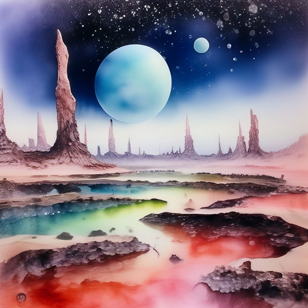 "Watercolor on dry + ink + salt, alien landscape" — image created in ...